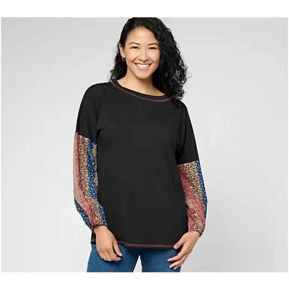 Belle Boho by Kim Gravel TripleLuxe Knit Calico Stripes Top Black,Large